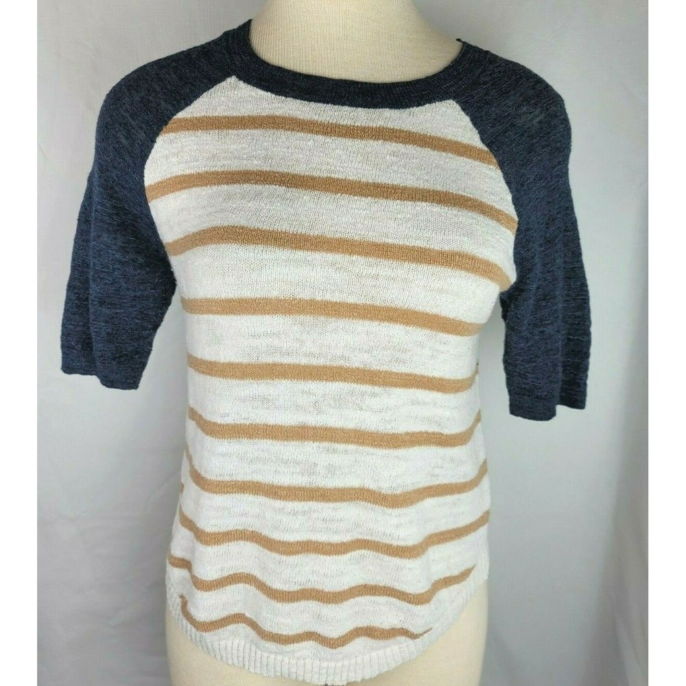 J Crew Womens Size XS Blue White Brown Linen Blend Knit Casual Blouse Shirt - Picture 2 of 4